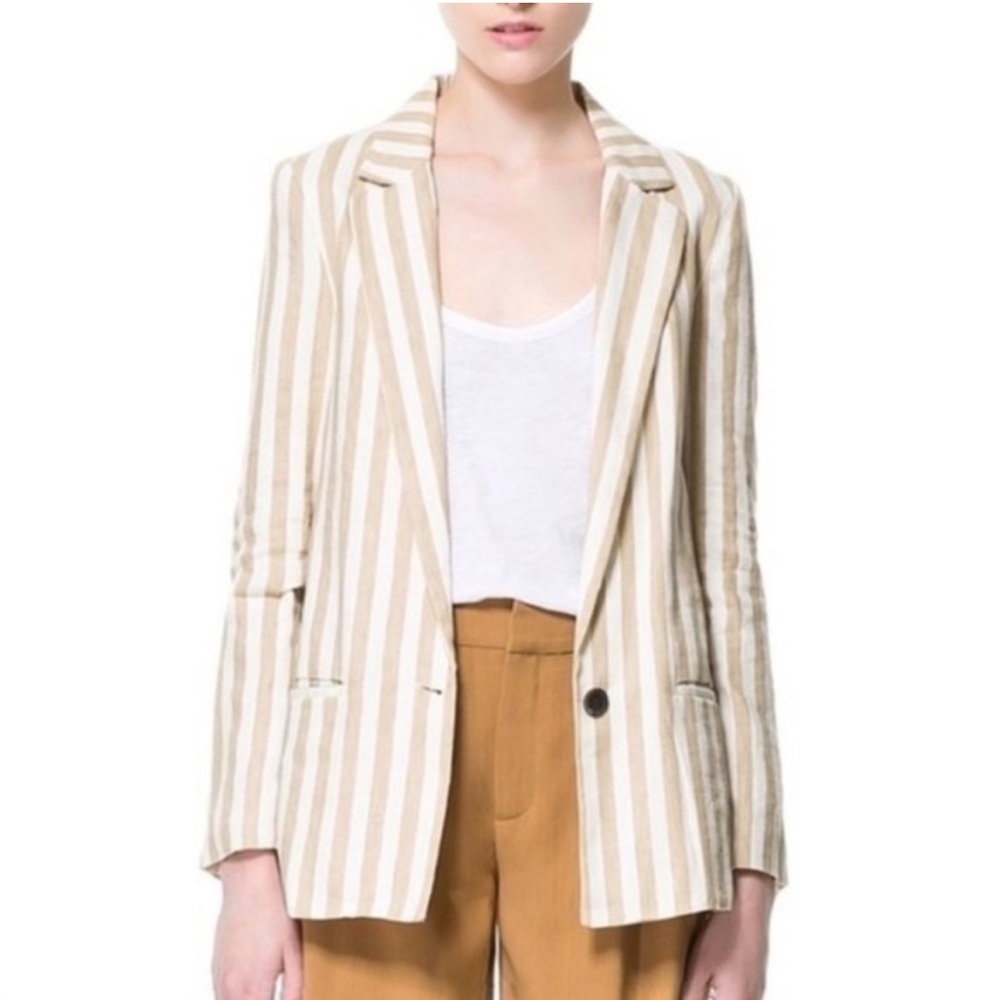 Zara Linen Cotton Blend Tan White Striped
Casual Classic Button Nautical Jacket